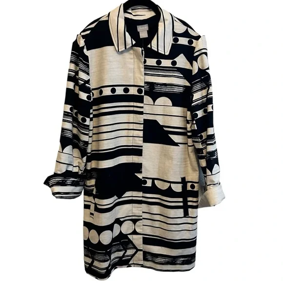 💥NWT💥Chico’s Black and White Linen Coat Size 1 - Picture 1 of 7